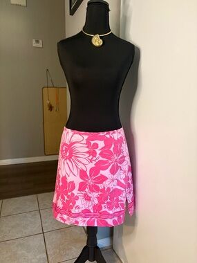 Bamboo Traders Pink Floral A-Line Skort with ribbon detail